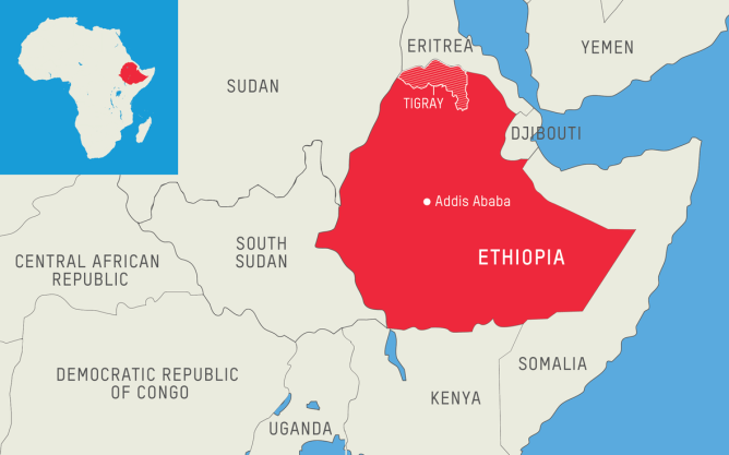 A map of the northern Tigray region situated within the country of Ethiopia.